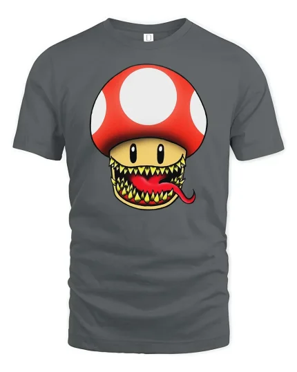 Funny Monster Mushroom Graphic t-shirt Gamer Style Tee - gray t-shirt on white background