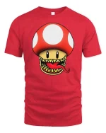 Funny Monster Mushroom Graphic t-shirt Gamer Style Tee - red t-shirt on white background