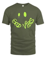 Good Vibes Graffiti Smile Graphic t-shirt Positive Tee - military green t-shirt on white background