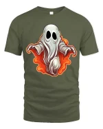 Spooky Cute Ghost Flame Graphic t-shirt Funny Halloween Tee - military green t-shirt on white background
