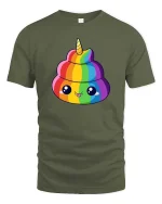 Rainbow Unicorn Poop Cute Funny Graphic t-shirt Kawaii Tee - military green t-shirt on white background