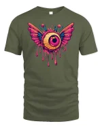Flying Eyeball Drip Graphic t-shirt Surreal Art Punk Tee - military green t-shirt on white background