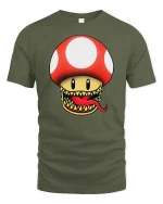 Funny Monster Mushroom Graphic t-shirt Gamer Style Tee - military green t-shirt on white background
