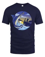 Marlin Fishing Sunset Graphic t-shirt Deep Sea Angler Tee - navy t-shirt on white background