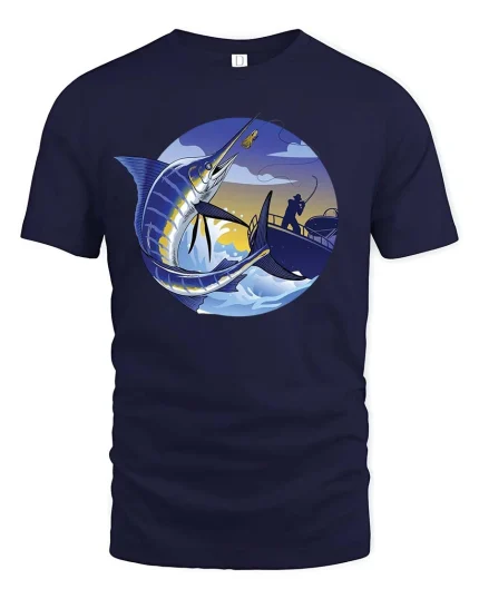Marlin Fishing Sunset Graphic t-shirt Deep Sea Angler Tee - navy t-shirt on white background