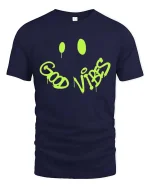 Good Vibes Graffiti Smile Graphic t-shirt Positive Tee - navy t-shirt on white background