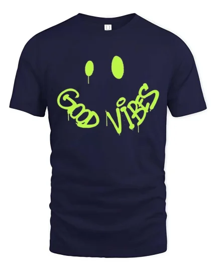 Good Vibes Graffiti Smile Graphic t-shirt Positive Tee - navy t-shirt on white background