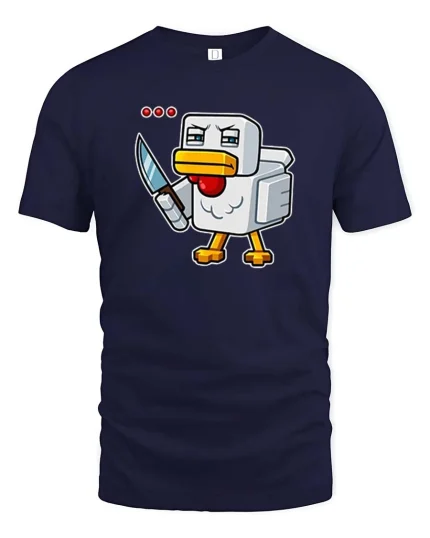 Angry Pixel Chicken Knife Graphic t-shirt Gamer Humor Tee - navy t-shirt on white background