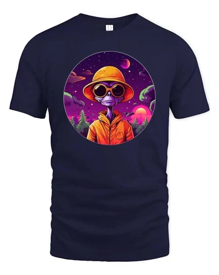 Cool Alien Sunset Graphic t-shirt Space Streetwear Tee - navy t-shirt on white background