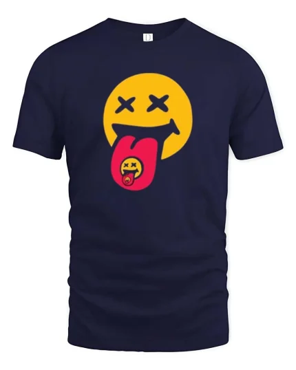 Trippy Smile Tongue Graphic t-shirt Funky Emoji Art Tee - navy t-shirt on white background