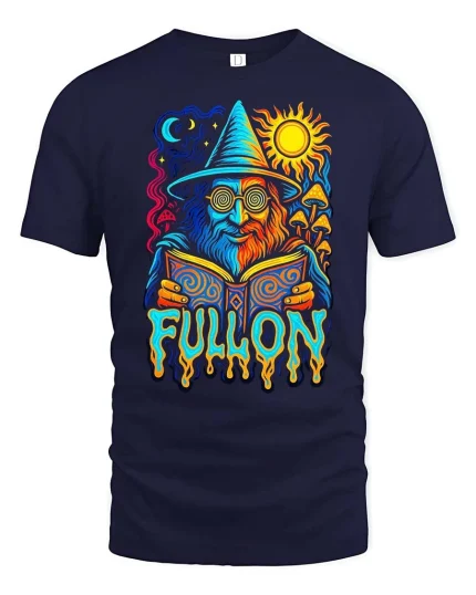 Full On Wizard Psychedelic Graphic t-shirt Trippy Art Tee - navy t-shirt on white background