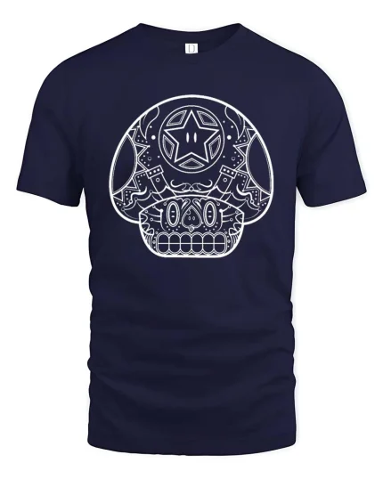 Sugar Skull Mushroom Line Art Graphic t-shirt Gothic Tee - navy t-shirt on white background