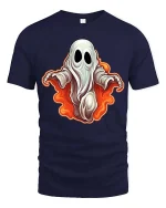 Spooky Cute Ghost Flame Graphic t-shirt Funny Halloween Tee - navy t-shirt on white background