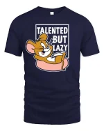 Talented But Lazy Funny Cartoon Mouse Graphic t-shirt Tee - navy t-shirt on white background
