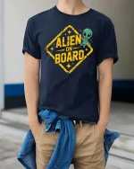 Funny Alien On Board Road Sign Graphic t-shirt Gift Idea - model wearing navy tee with hands in pockets