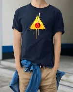 Melting Cherry Warning Sign Graphic t-shirt Cool Art Tee - model wearing navy tee with hands in pockets