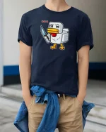 Angry Pixel Chicken Knife Graphic t-shirt Gamer Humor Tee - model wearing navy tee with hands in pockets