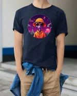 Cool Alien Sunset Graphic t-shirt Space Streetwear Tee - model wearing navy tee with hands in pockets