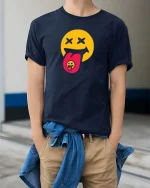 Trippy Smile Tongue Graphic t-shirt Funky Emoji Art Tee - model wearing navy tee with hands in pockets