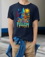 Full On Wizard Psychedelic Graphic t-shirt Trippy Art Tee - model wearing navy tee with hands in pockets