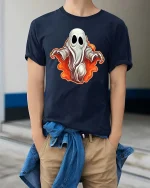 Spooky Cute Ghost Flame Graphic t-shirt Funny Halloween Tee - model wearing navy tee with hands in pockets