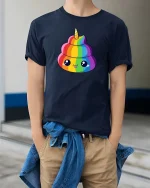 Rainbow Unicorn Poop Cute Funny Graphic t-shirt Kawaii Tee - model wearing navy tee with hands in pockets