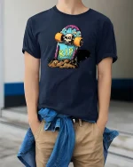 Skateboard RIP Skull Graphic t-shirt Funny Skate Punk Tee - model wearing navy tee with hands in pockets