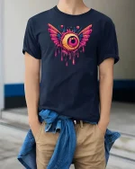 Flying Eyeball Drip Graphic t-shirt Surreal Art Punk Tee - model wearing navy tee with hands in pockets