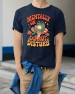 Mentally On Do Not Disturb Frog Funny Graphic t-shirt Tee - model wearing navy tee with hands in pockets