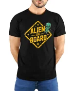 Funny Alien On Board Road Sign Graphic t-shirt Gift Idea - model wearing black tee with hands behind back
