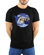 Marlin Fishing Sunset Graphic t-shirt Deep Sea Angler Tee - model wearing black tee with hands behind back