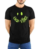 Good Vibes Graffiti Smile Graphic t-shirt Positive Tee - model wearing black tee with hands behind back