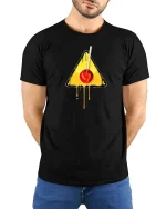 Melting Cherry Warning Sign Graphic t-shirt Cool Art Tee - model wearing black tee with hands behind back