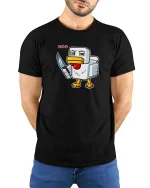 Angry Pixel Chicken Knife Graphic t-shirt Gamer Humor Tee - model wearing black tee with hands behind back