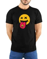 Trippy Smile Tongue Graphic t-shirt Funky Emoji Art Tee - model wearing black tee with hands behind back