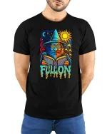 Full On Wizard Psychedelic Graphic t-shirt Trippy Art Tee - model wearing black tee with hands behind back
