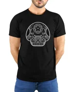 Sugar Skull Mushroom Line Art Graphic t-shirt Gothic Tee - model wearing black tee with hands behind back