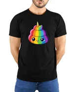 Rainbow Unicorn Poop Cute Funny Graphic t-shirt Kawaii Tee - model wearing black tee with hands behind back