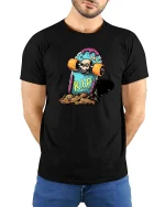 Skateboard RIP Skull Graphic t-shirt Funny Skate Punk Tee - model wearing black tee with hands behind back