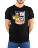 Talented But Lazy Funny Cartoon Mouse Graphic t-shirt Tee - model wearing black tee with hands behind back