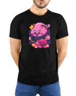 Cute Pink Superhero Cartoon Graphic t-shirt Funny Hero Tee - model wearing black tee with hands behind back