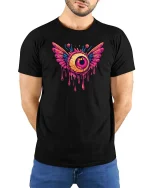 Flying Eyeball Drip Graphic t-shirt Surreal Art Punk Tee - model wearing black tee with hands behind back