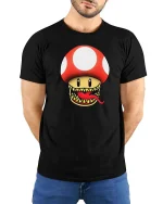 Funny Monster Mushroom Graphic t-shirt Gamer Style Tee - model wearing black tee with hands behind back