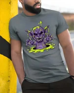Slime Goblin Monster Graphic t-shirt Creepy Cute Tee Art - model wearing grey tee, leaning on column