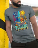 Full On Wizard Psychedelic Graphic t-shirt Trippy Art Tee - model wearing grey tee, leaning on column