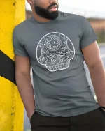 Sugar Skull Mushroom Line Art Graphic t-shirt Gothic Tee - model wearing grey tee, leaning on column