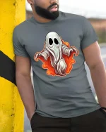 Spooky Cute Ghost Flame Graphic t-shirt Funny Halloween Tee - model wearing grey tee, leaning on column