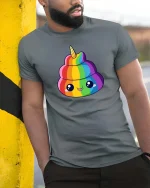 Rainbow Unicorn Poop Cute Funny Graphic t-shirt Kawaii Tee - model wearing grey tee, leaning on column