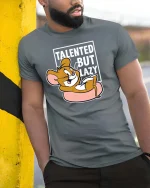 Talented But Lazy Funny Cartoon Mouse Graphic t-shirt Tee - model wearing grey tee, leaning on column