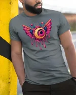 Flying Eyeball Drip Graphic t-shirt Surreal Art Punk Tee - model wearing grey tee, leaning on column
